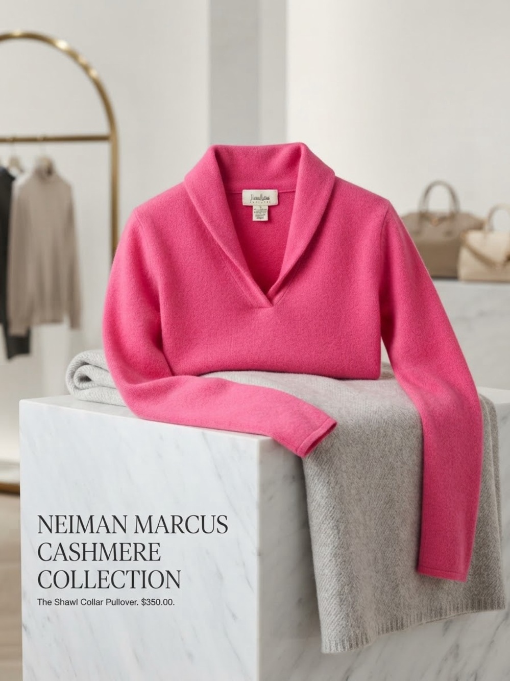 LIKE NEW Neiman Marcus 100% Cashmere Hot Pink Shawl Collar Sweater Sz L